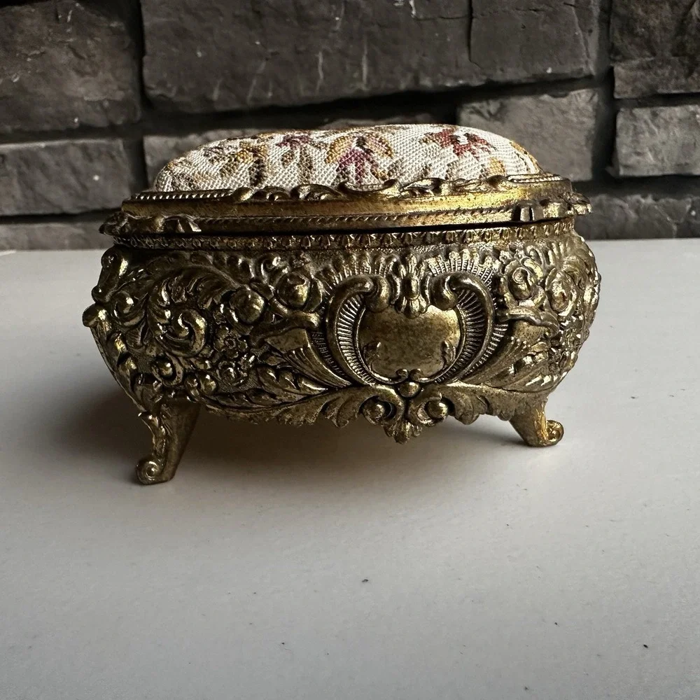 Vintage Metal Gold Heart Shaped Jewelry Trinket Box Embroidered Granny Cottage